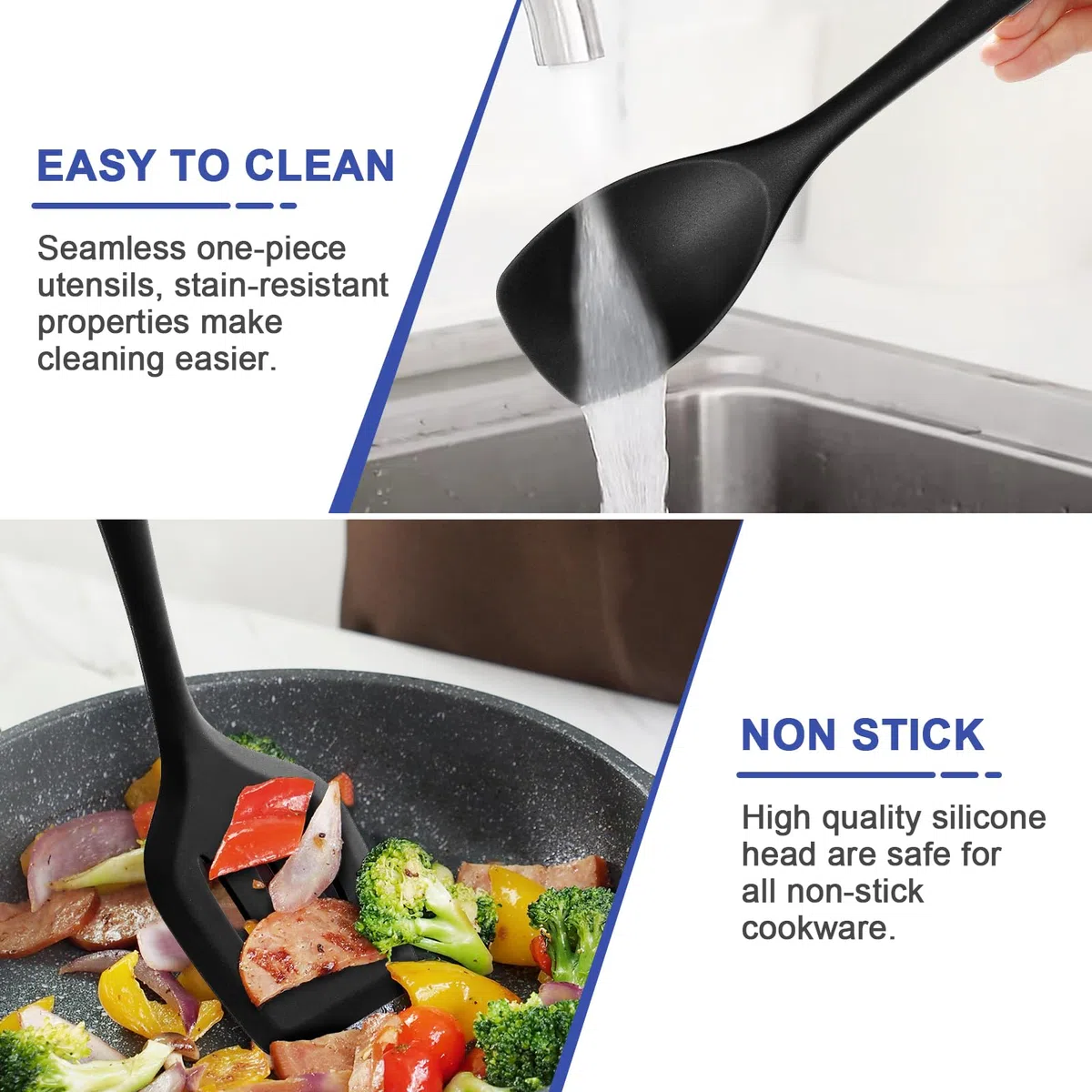 Set di utensili da cucina in silicone, 12 pezzi, set di utensili da cucina con supporto, senza BPA, con rivestimento antiaderente per uso alimentare, utensili da cucina, resistenti al calore e facili