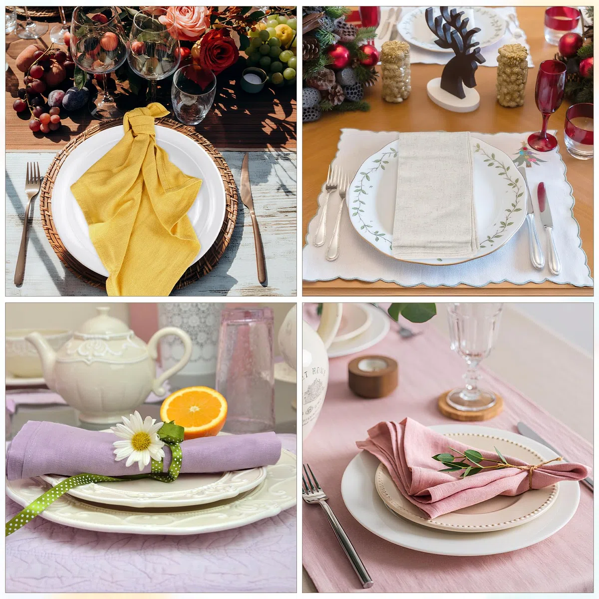 Set da 6 tovaglioli in lino, Tovaglioli riutilizzabili in tessuto, Lavabili in cotone 40x40 cm per eventi e uso domestico (malva chiaro, beige, bianco, senape, rosa cipria, verde pisello)