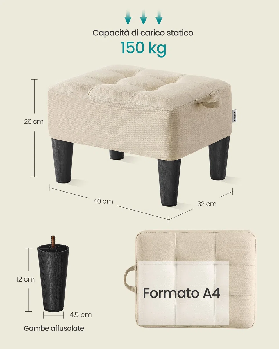 SONGMICS Sgabello Poggiapiedi, Pouf Contenitore in Tessuto Simil Lino, Imbottitura Spessa, Portata fino a 150 kg, per Soggiorno, Camera da Letto, Ingresso, Beige Sabbia e Nero Inchiostro LOM502LF01