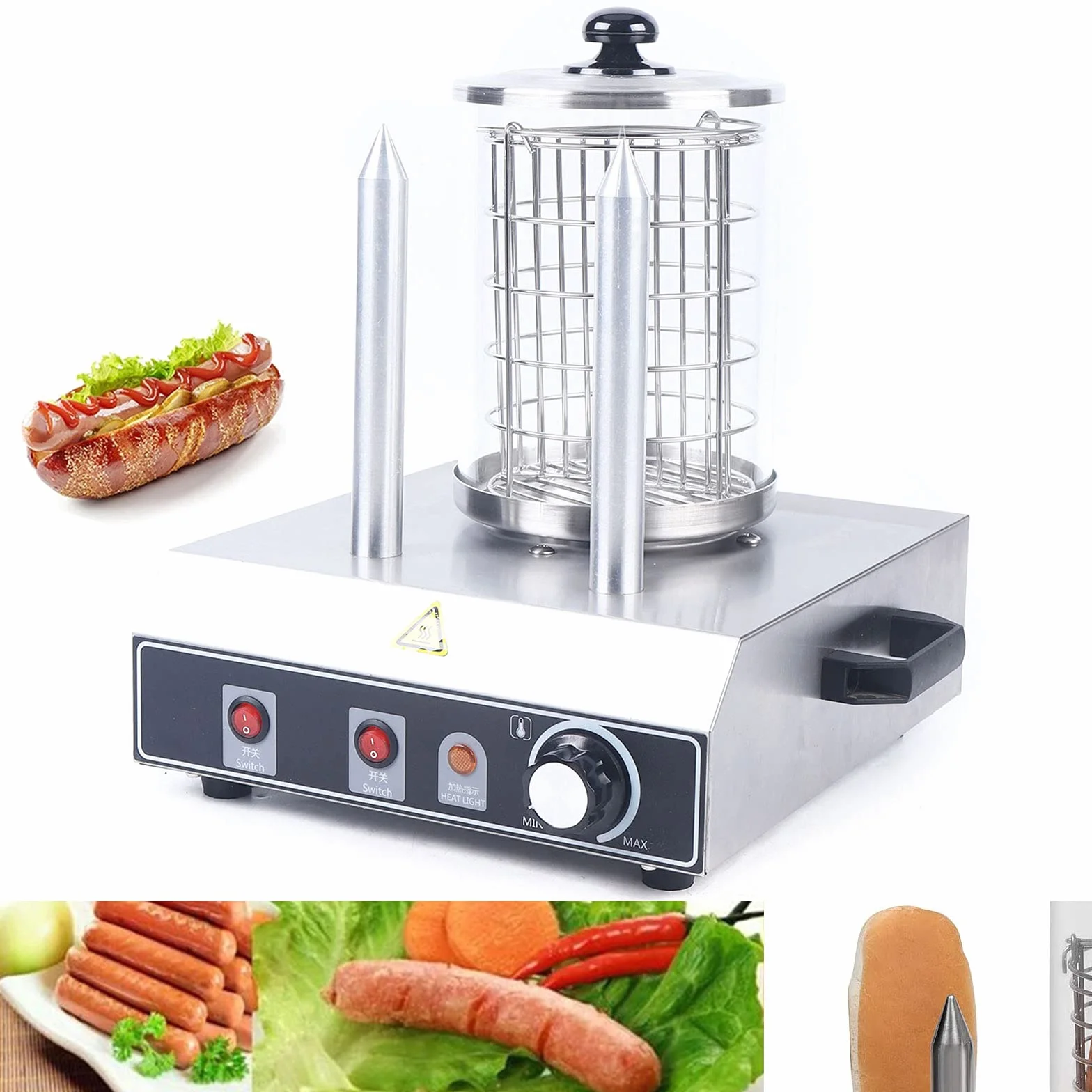 Hot Dog Maker da 400 W, 220 V, scaldabagno, 2 spiedini, in acciaio inox, temperatura regolabile