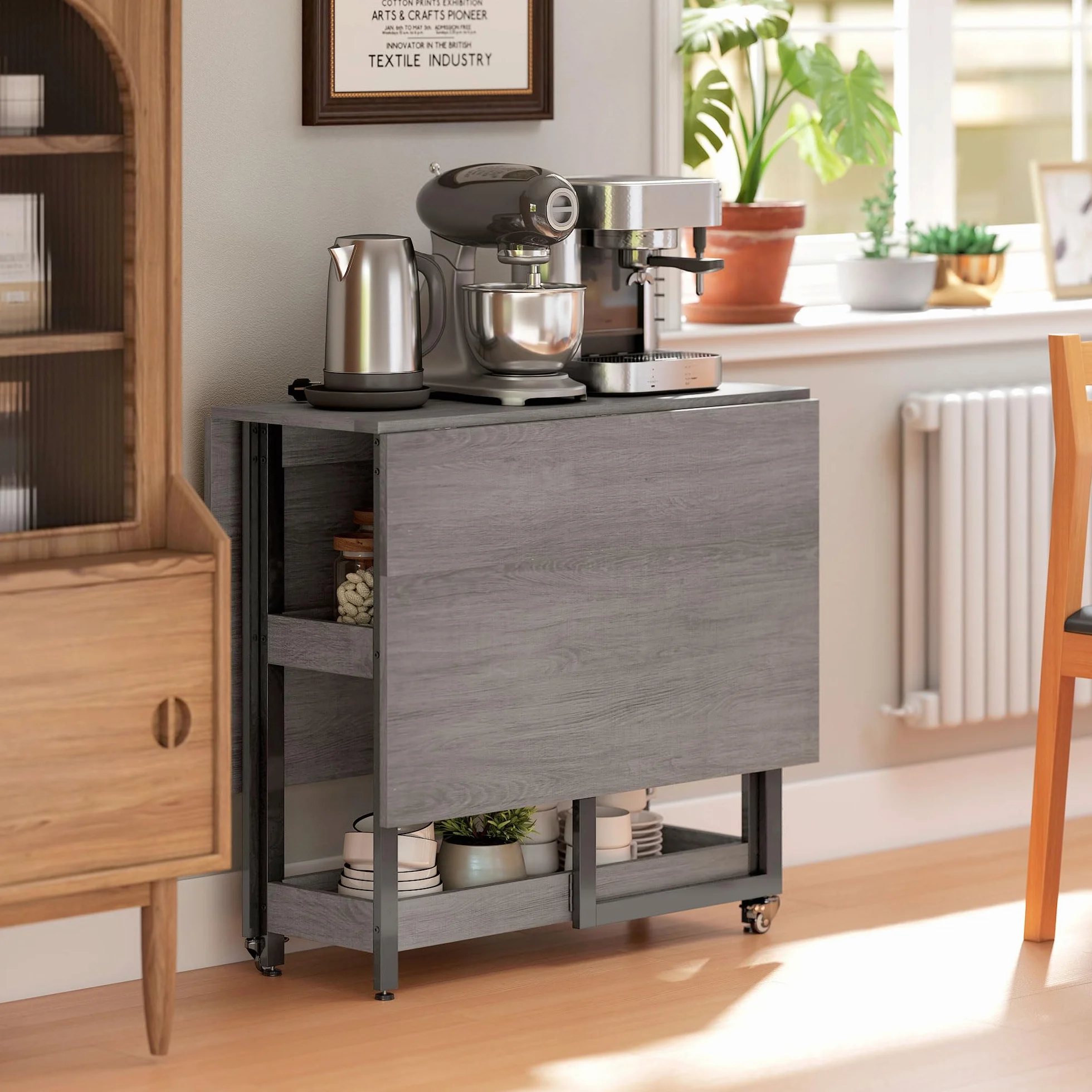 HOMCOM Tavolo da Pranzo Pieghevole, Tavolo Cucina a Ribalta con Ruote per 4 Persone, Scrivania Richiudibile Salvaspazio con 2 Ripiani Aperti, Ideale per Soggiorno, Ufficio, 133.4x80x75 cm, Grigio