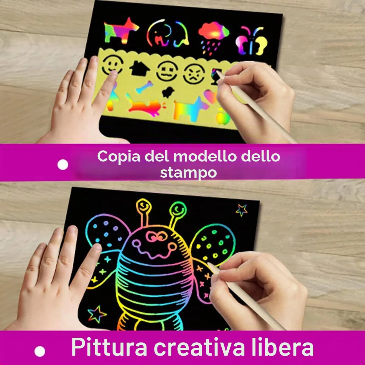 Pigipigi Kids Scratch Art Bambini, 24 Set con Quaderno Grattare, Stencil e Penna Legno - Gadget Compleanno Bambini, Regalini Fine Festa Compleanno Bambini - Lavoretti Creativi