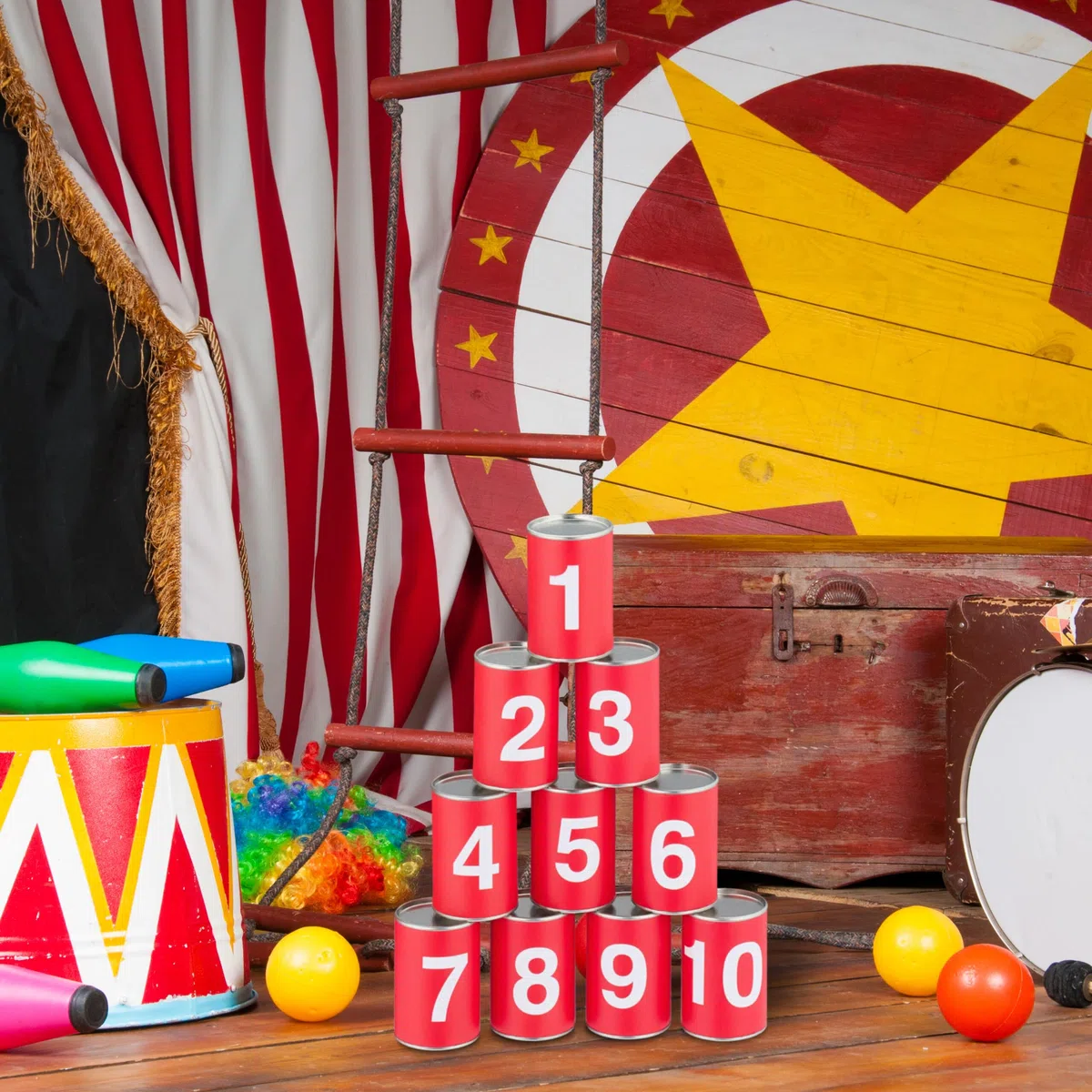 Relaxdays Tiro al Barattolo per Bambini, Giochi da Giardino, 10 Lattine e 3 Sacchi, per Feste di Compleanno, Rosso