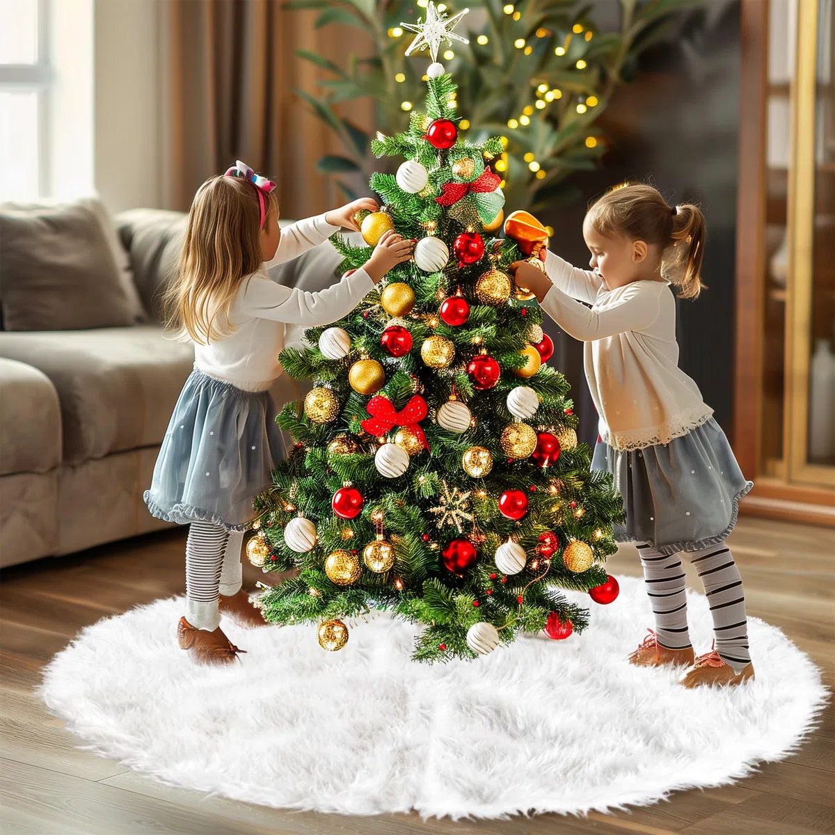 Copertura per albero di Natale bianca da 122 cm, copertura per albero di Natale, tappeto rotondo per feste di Natale allegre, gonna rotonda per decorazioni