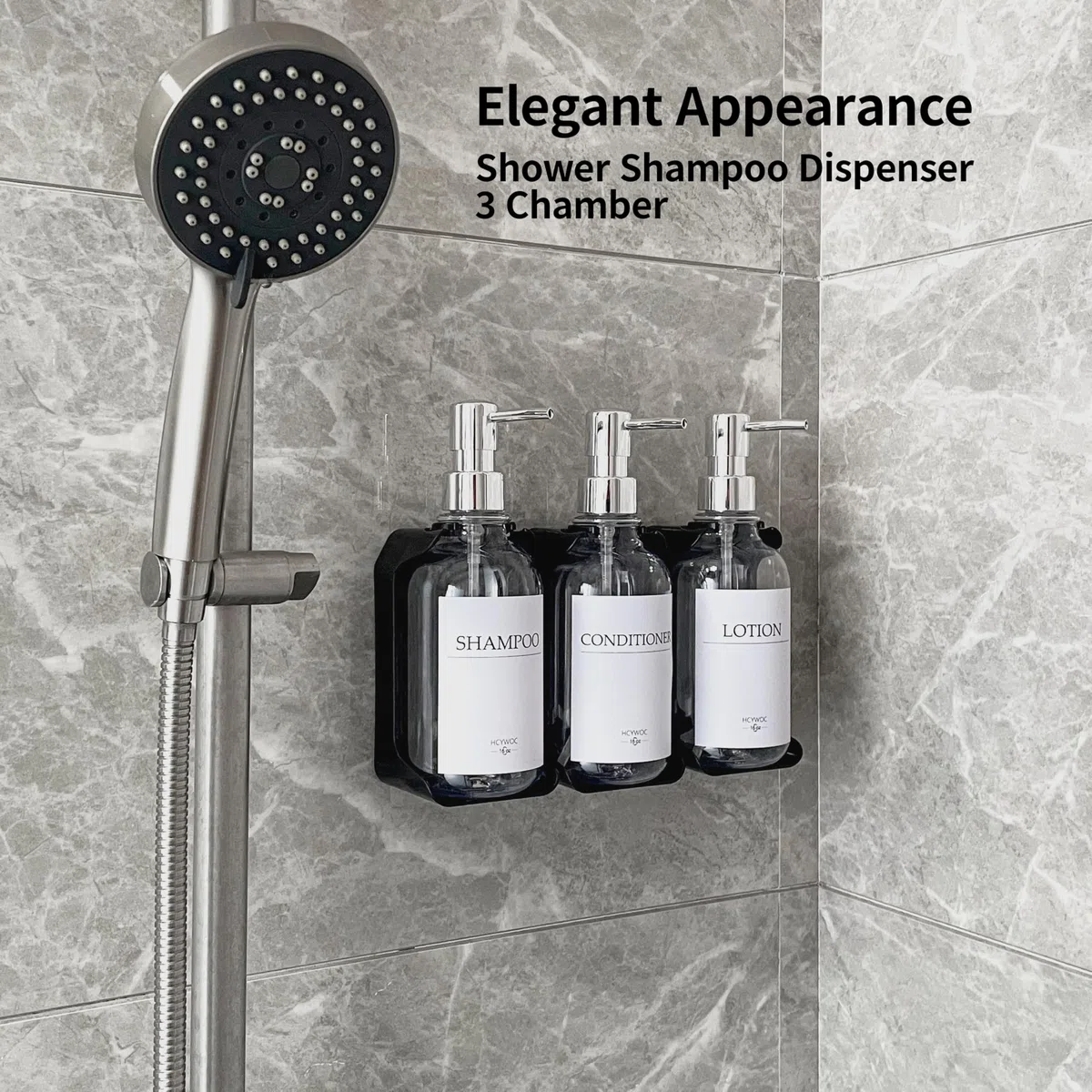 Dispenser per shampoo e balsamo, dispenser di sapone da doccia con 16 etichette impermeabili, dispenser per shampoo per parete doccia, dispenser per doccia a 3 camere senza trapano, 500 ml,