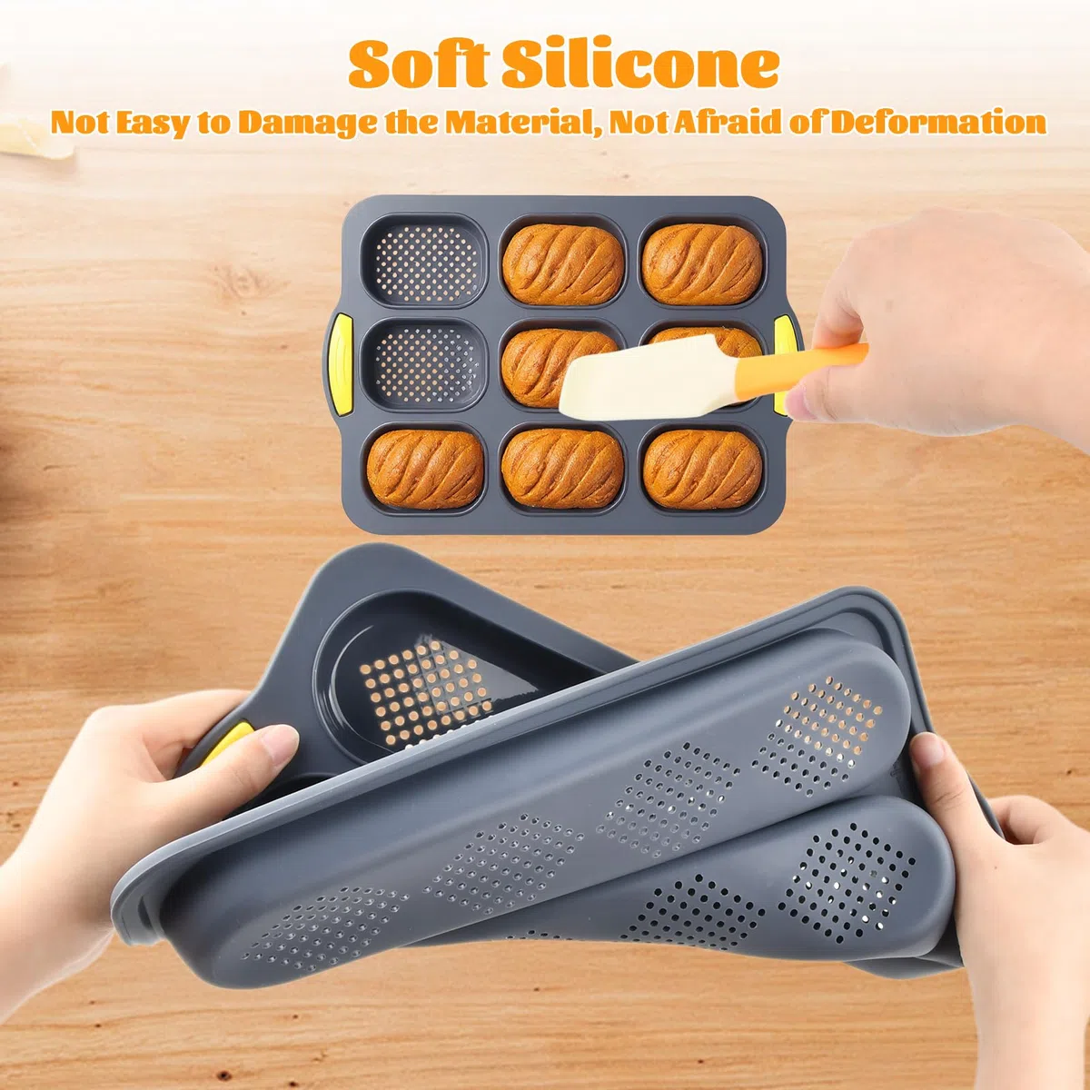 2 Teglie da Forno per Baguette, Stampo per Baguette, con 2 Pinze Isolanti e 1 Spatola in Silicone per Pane, Torte, Muffin,Silicone