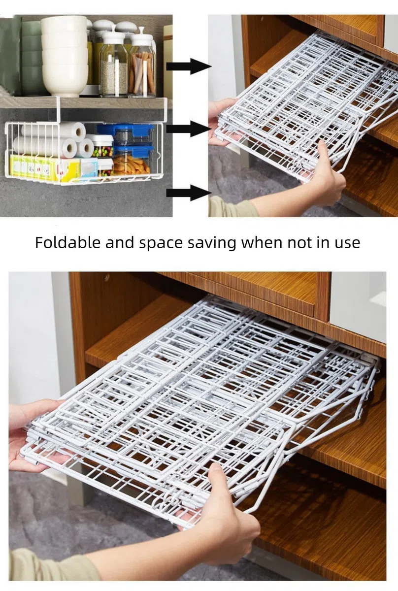 2 Pezzi Cesto Portaoggetti Pieghevole, Scaffale Sotto Cabinet Pieghevole Metallo Cestino da Appendere per Cucina, Armadio, Dispensa, Ufficio, Bagno, libreria (Nero)