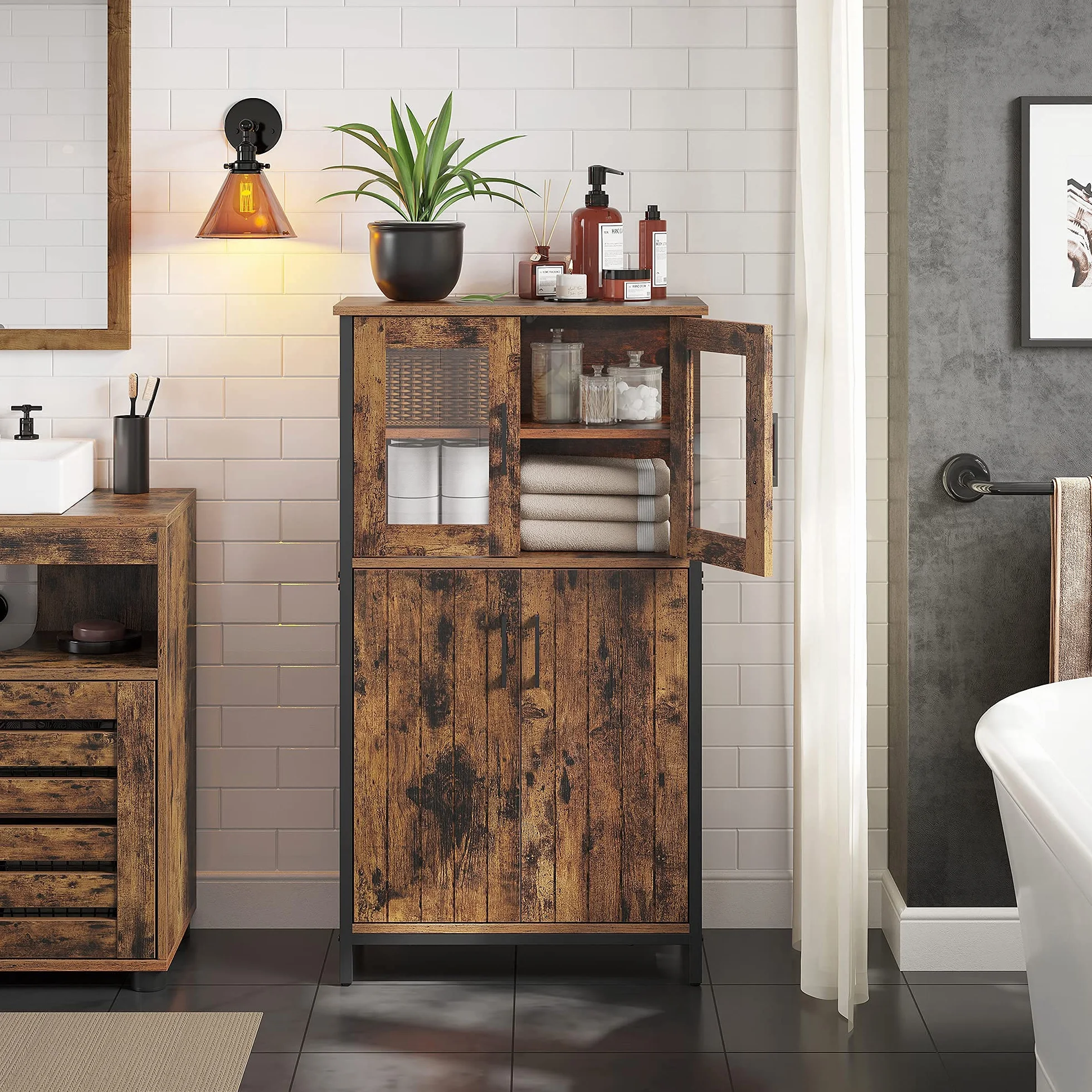 VASAGLE Mobiletto Multiuso, Armadietto, Credenza, Ripiano Regolabile, Mobile da Bagno, Struttura in Acciaio, per Salotto Cucina, Stile Industriale, Marrone Vintage e Nero LSC260B01