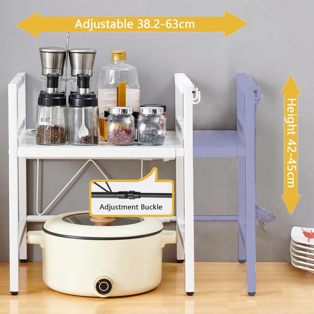 Scaffale allungabile per microonde con 6 ganci, ripiano da bancone per forno a microonde, portaoggetti e organizzazione da cucina, supporto per panettiere per spezie, organizzatore per