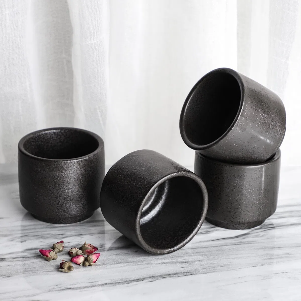 Tazze da tè in ceramica, 4 pezzi, 200 ml, set da tè giapponese (2 nero)