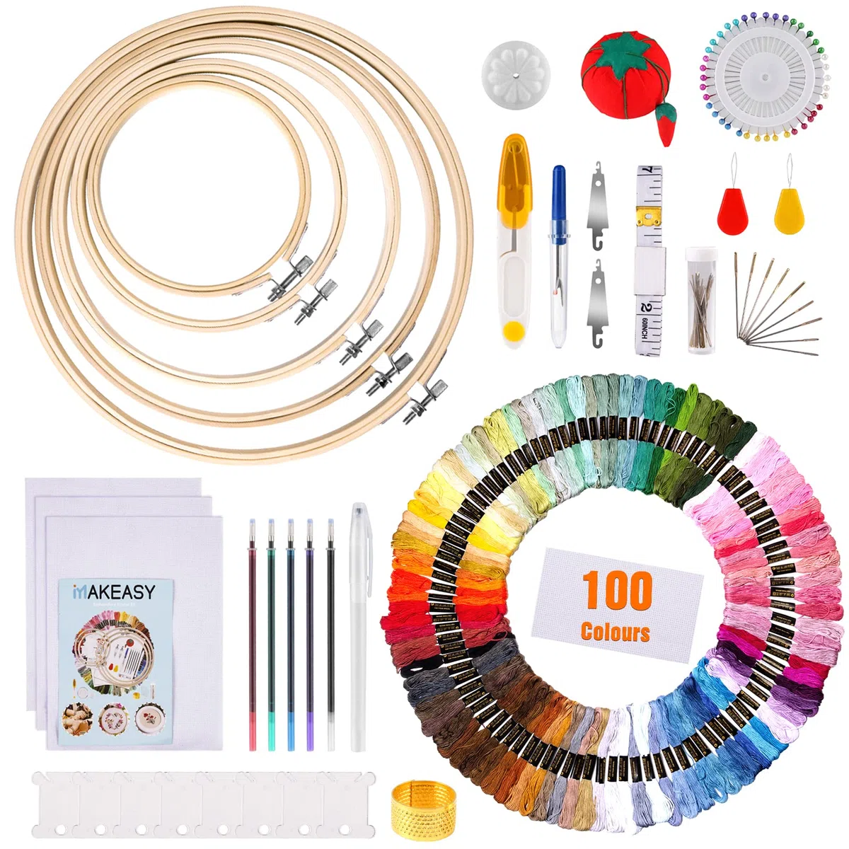 MAKEASY 205Pz Ricamo Starter Kit 100Colori Fili Ricamo, Kit di Attrezzi a Punto Croce con 100 Fili Colorati, 5 Pezzi di Cerchi di bambù, Regalo Perfetto