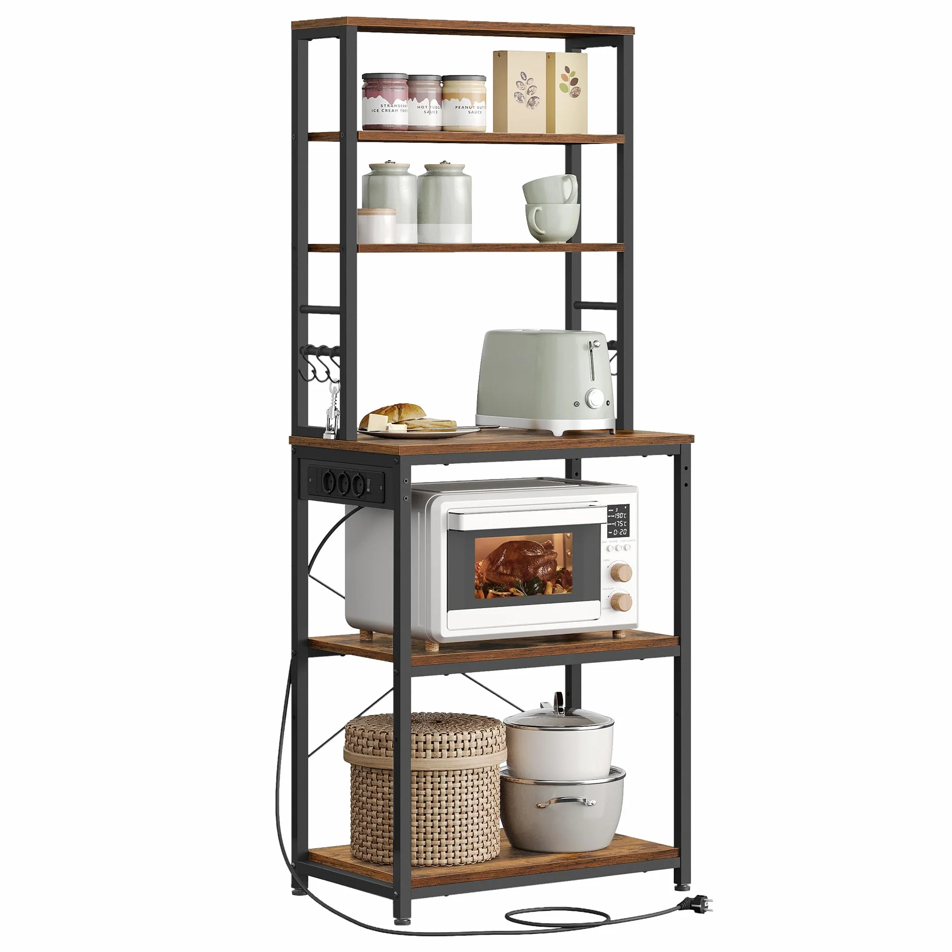 VASAGLE Scaffale da Cucina con Ciabatta, Supporto per Forno a Microonde, Portaoggetti a 6 Ripiani con 6 Ganci per Bar, in Acciaio, 40 x 60 x 167 cm, Marrone Vintage e Nero Inchiostro KKS124K01