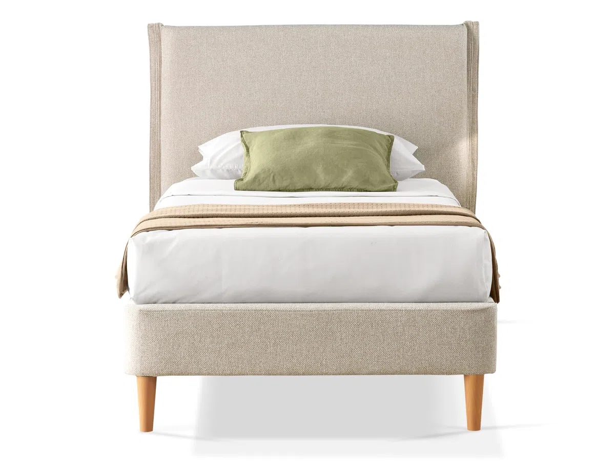 EVERGREENWEB Letto Singolo in doghe in legno con Testata e rivestimento in tessuto Beige | facile da montare |Adatto per materasso cm 90x200 | Letto di Design |Mod. Parigi