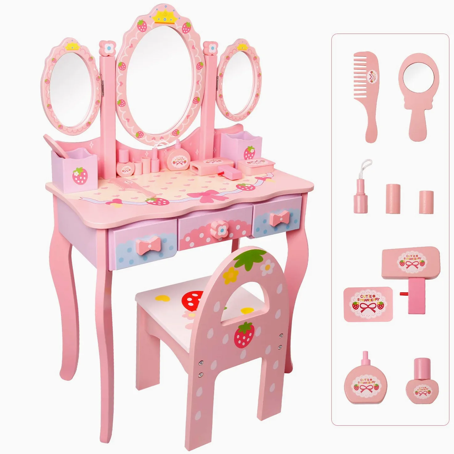 CCLIFE toeletta trucco bambina, toeletta trucco rosa 3 Specchio 3 Cassetti 1 Sgabelli 2 organizzatori, rosa