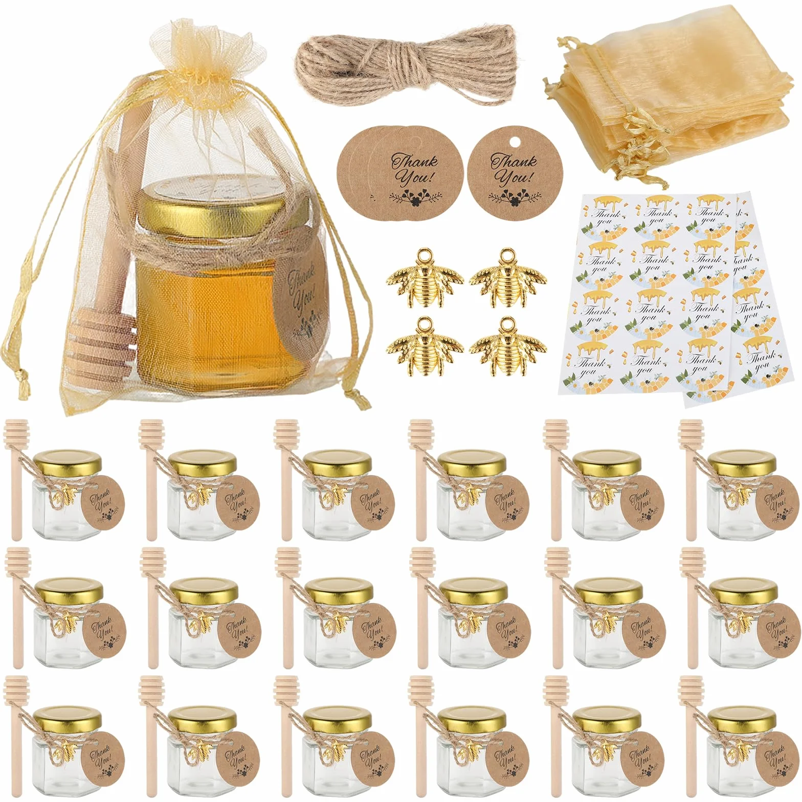 20 Pack 45ml Mini Vasetti per Miele Esagonali in Vetro, con Mestolo in Legno, Carte, Ciondolo a Forma di Ape, Ciocche di Canapa, Perfetto per baby shower, nozze e bomboniere di festa