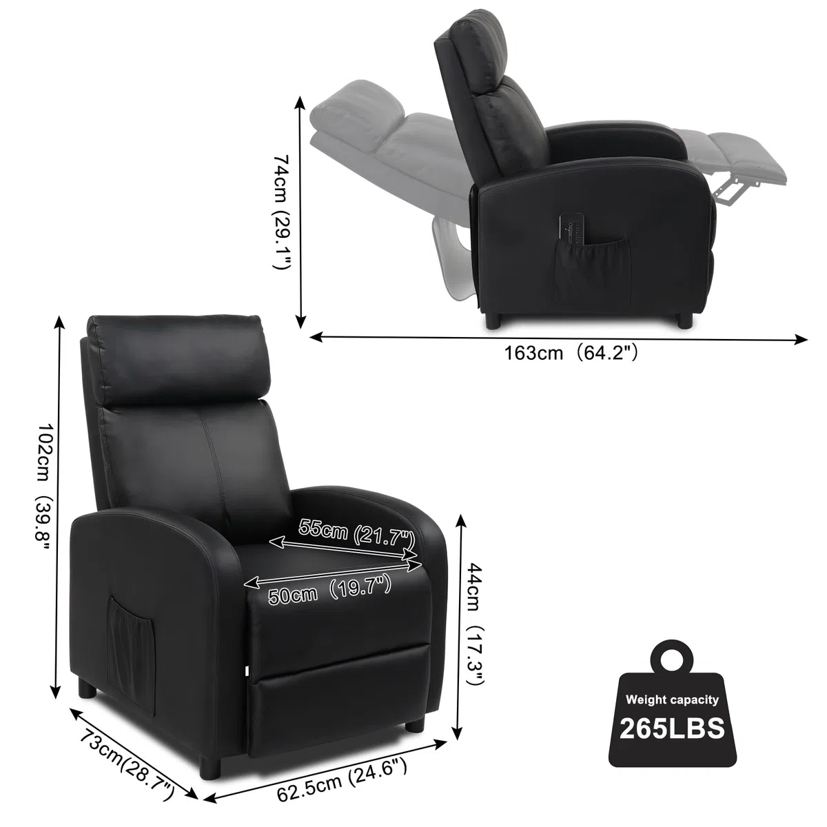 LEADZM Poltrona massaggiante elettrica per TV, con funzione sdraiata, in pelle (nero)