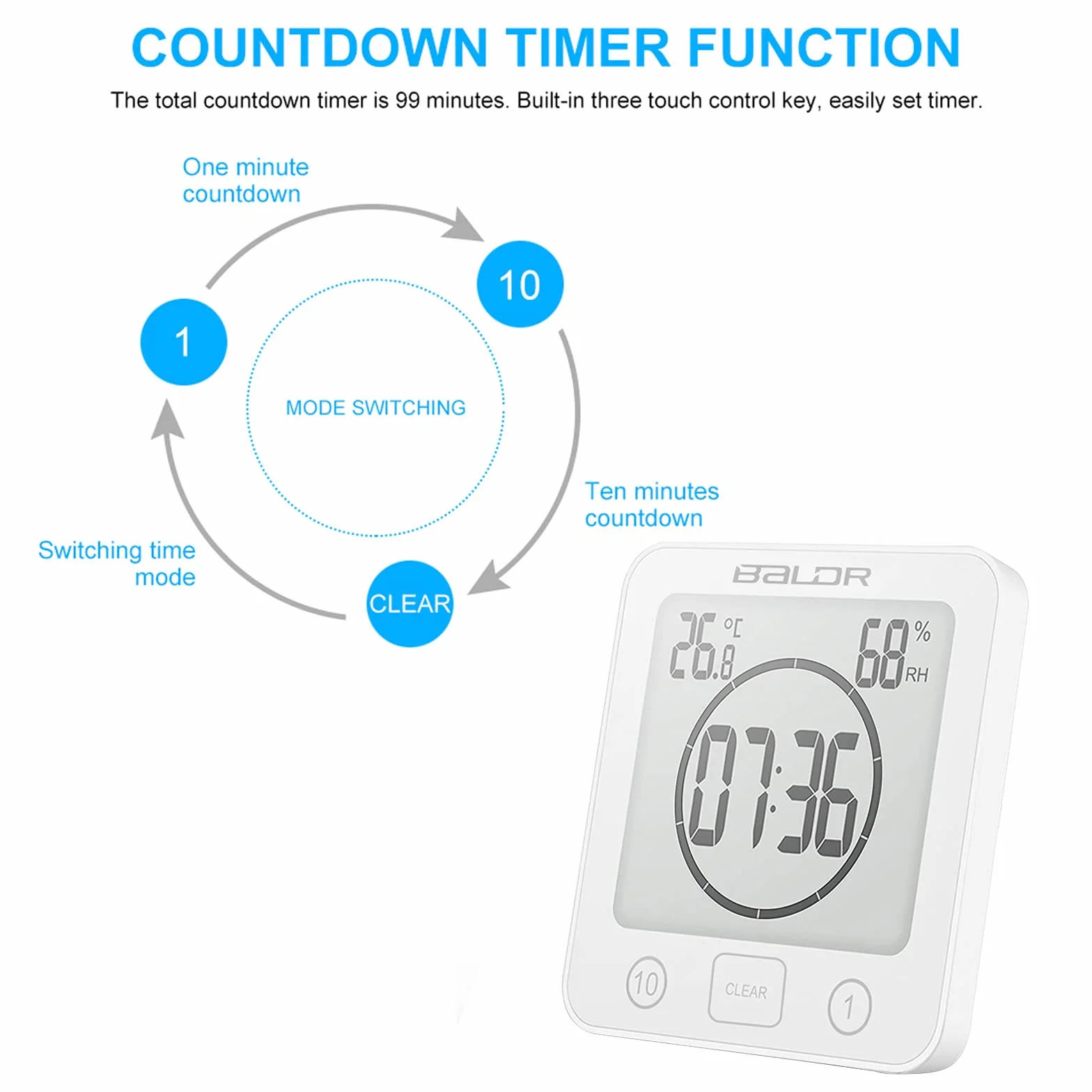 ALLOMN Orologio da Bagno, Doccia Orologio Allarme Impermeabile Toccare Controllo ℃/℉ umidità Temperatura, Timer per il Conto Alla Rovescia, 3 Metodi di Montaggio, Alimentazione a Batteria (Bianca)