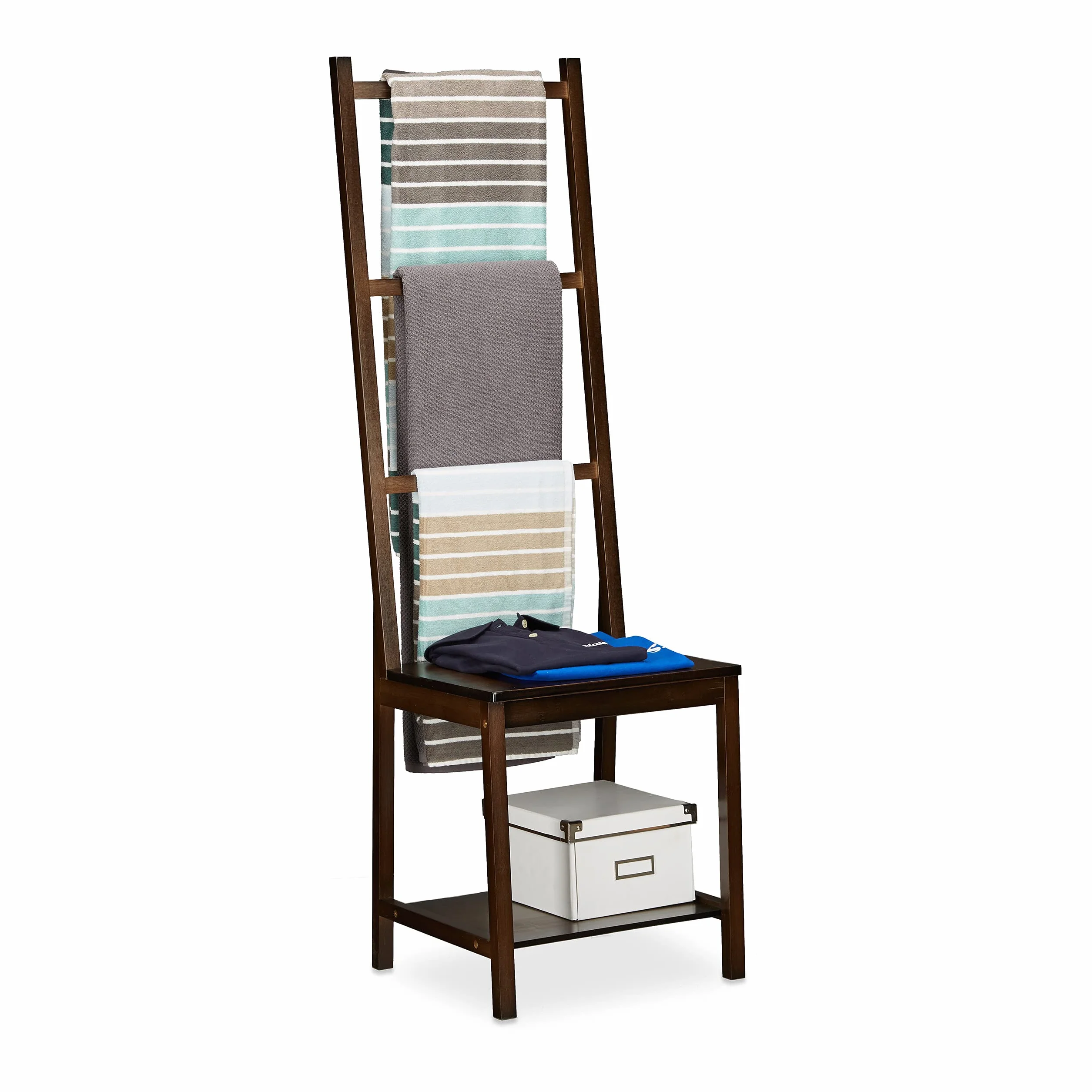 Relaxdays Sedia Portasciugamani in Bambù, HLP 133 x 40 x 42 cm, Bagno e Camera da Letto, Omino Servomuto, Marrone Scuro