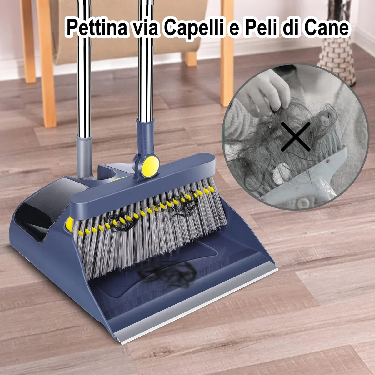 MASTERTOP Set Scopa e Paletta Salvaspazio, Paletta Verticale con Scopa Inox a Manico Lungo, Spazzola Interni e Paletta con Denti a Pettine per Pulizia di Casa, Cucina, Ufficio (Blu Scuro)