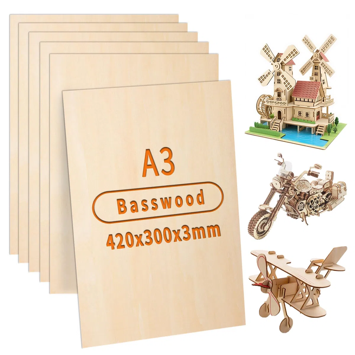 Compensato 3mm Pannelli Compensato A3 42 x 30 cm Legno Compensato di Tiglio 6 pezzi Adatto per Lavori Artigianali, Modellismo fai da te, Intaglio, Pittura, Progetti Laser e Incisione su Legno