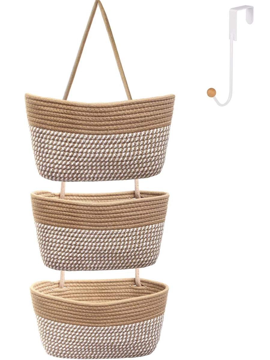 ililmmoeCesto appeso dietro la porta, cestino a 3 strati, corda di cotone, montato a parete， cestino da cucina decorativo, organizer per appendere il bagno, incluso1gancio (Strisce Di Lino)
