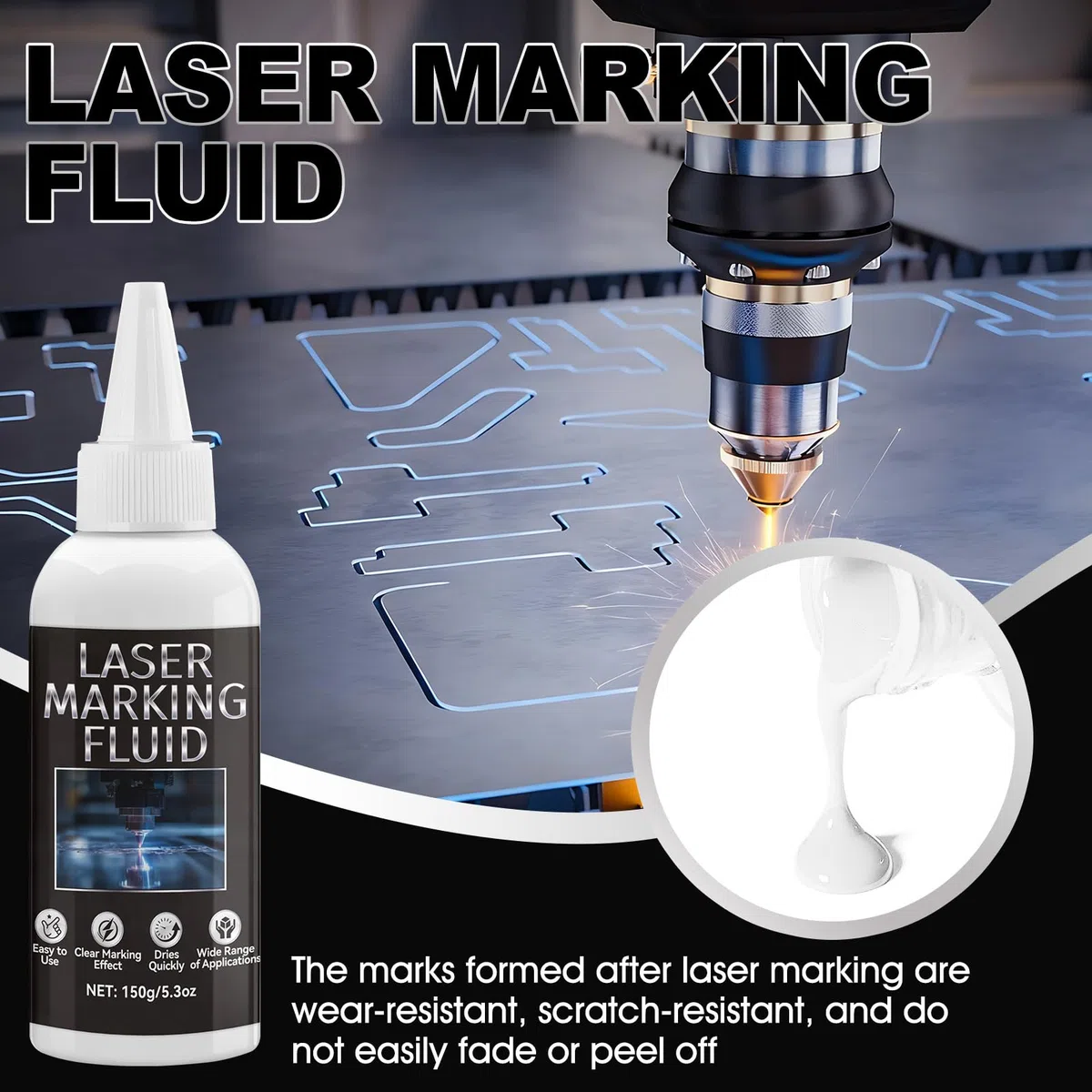 Liquido per Marcatura Laser, Fluido per Marcatura Laser, Incisore Laser Metallo, Polvere per Marcatura Laser,per Metallo Gioielli Vetro Alluminio Acciaio Inossidabile e Altri Materiali,150ml