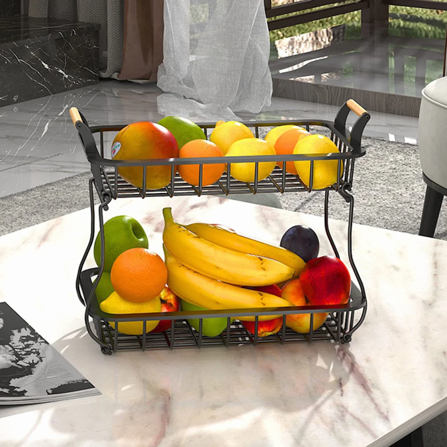 Alzatina Portafrutta,Cesto per frutta,Portafrutta Alzatina a 2 piani per avere più spazio sul piano di lavoro,mantiene frutta e verdura fresca,adatto per snack,verdure, pane