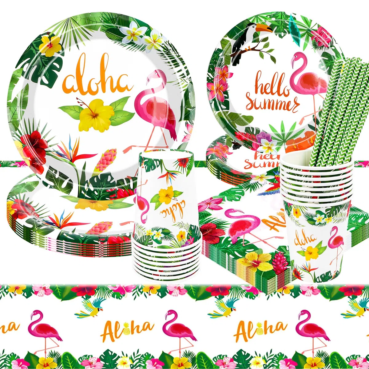 Flamingo, set di stoviglie per feste, decorazione per compleanno, per bambini, con fenicottero, ananas, per vacanze, estate, ragazzi, ragazze, feste, 16 ospiti