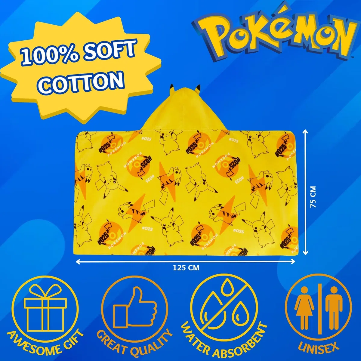 Asciugamano con cappuccio Pikachu 100% cotone Bambini Orecchie 3D Vestiti Pikachu Poncho Asciugamano da spiaggia Bagno Asciugamano per nuoto Omslag