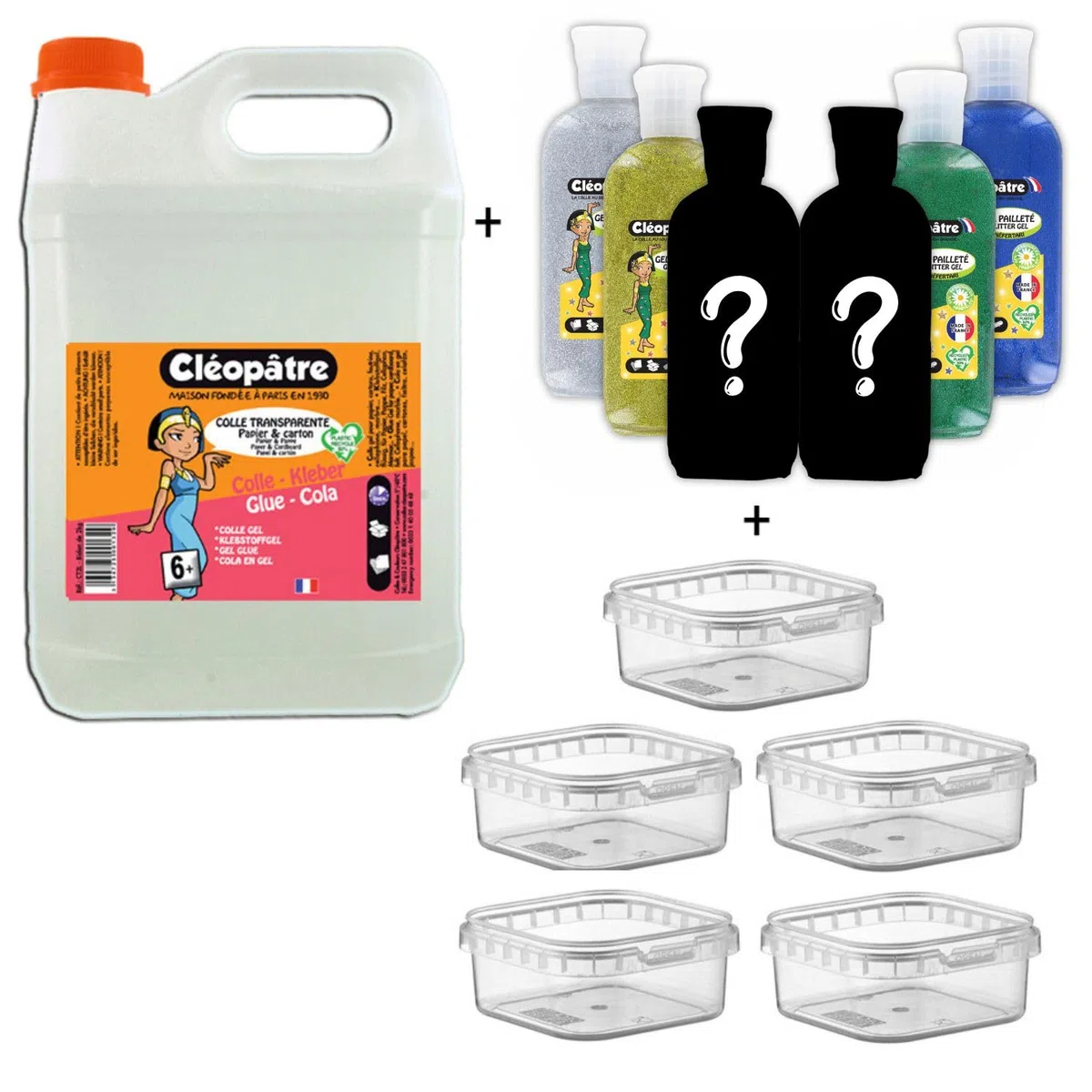 CLÉOPÂTRE – Set di 2 kg colla trasparente + 6 vasetti di glitter + 5 scatole di immagazzinaggio – colla di carta – kit per creazioni che brillano – tempo libero creativo – fabbricazione francese