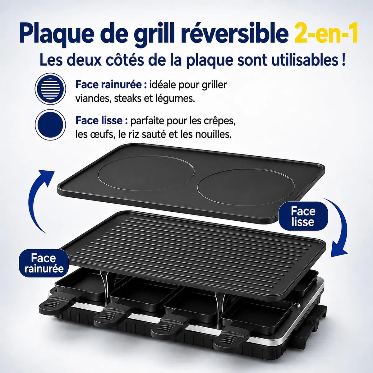 Griglia per Raclette, Raclette 8 Persone, 1300W Griglia Elettrica Antiaderente Reversibile con 8 Padelline per Formaggio Raclette in Miniatura e 1 Spatola di Legno, per Barbecue al Chiuso