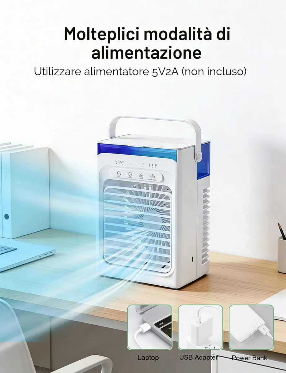 Mini Condizionatore Portatile, Ventilatore con Ghiaccio, 1000 ML Raffrescatore d'Aria con Doppio Motore, 3 Velocità, Nebbia Fredda, Timer 2/4/6H, Luci LED, per Casa, Ufficio (Bianco‌)