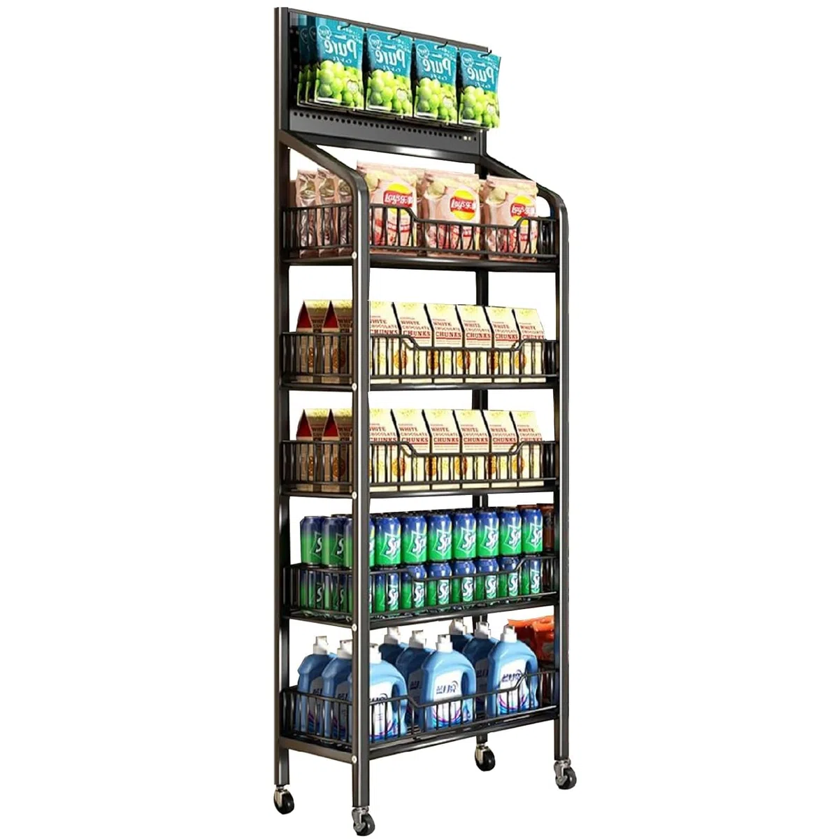Scaffale per Snack a 5 Livelli del Supermercato, Mensole in Metallo con Ruote, Organizzatore di Snack da Pavimento per Negozi, Supermercati e Cucine, 15 Ganci