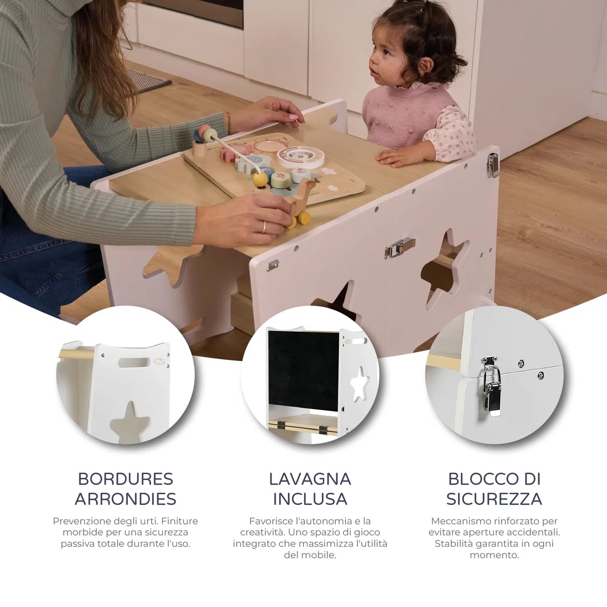 MS BabyWorld – Learn Up – Torre d'Apprendimento Montessori | Convertibile in Scrivania con Lavagna e Sgabello | Legno Massello | Barra di Sicurezza | Pieghevole