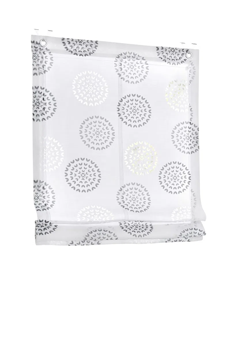 Kutti Bella Tenda a pacchetto con occhielli, design a cerchio stampato bianco e antracite, ganci per finestra inclusi 45 x 140 cm