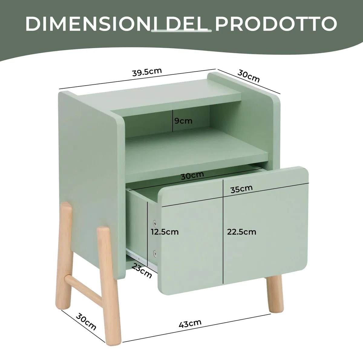Rebecca Mobili Comodino con 1 Cassetto e 1 Ripiano, Comodino per Cameretta, Verde Acqua Marrone, MDF Pino, Stabile, per Camera Montessori - Misure HxLxP: 49 x 43 x 30 cm - Art. RE7130