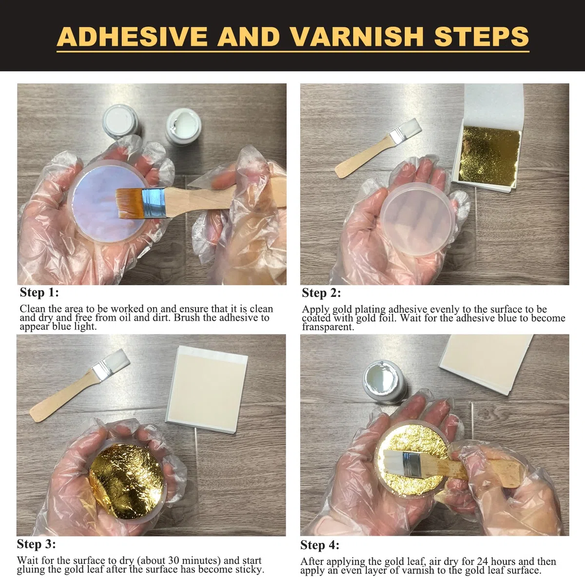 Wadities Set adesivo per doratura a foglia d'oro da 100 ml e vernice protettiva a base d'acqua da 100 ml, foglia d'oro, 100 pezzi, 2 pennelli, per bricolage, pittura e uso professionale