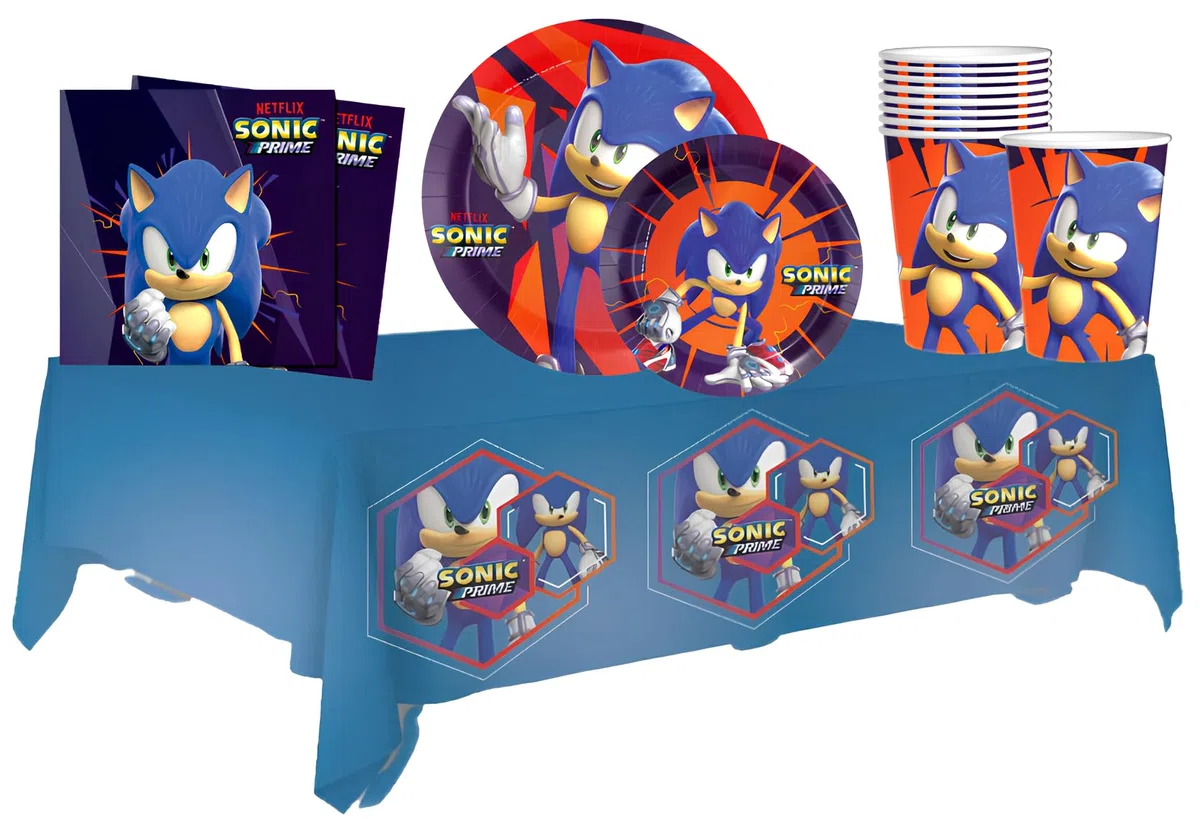Kit Compleanno Sonic per 8 Persone - Set Festa con Piatti 23cm e Piatti 18cm, Bicchieri, Tovaglioli e Tovaglia - Addobbi Tema Sonic per Bambini
