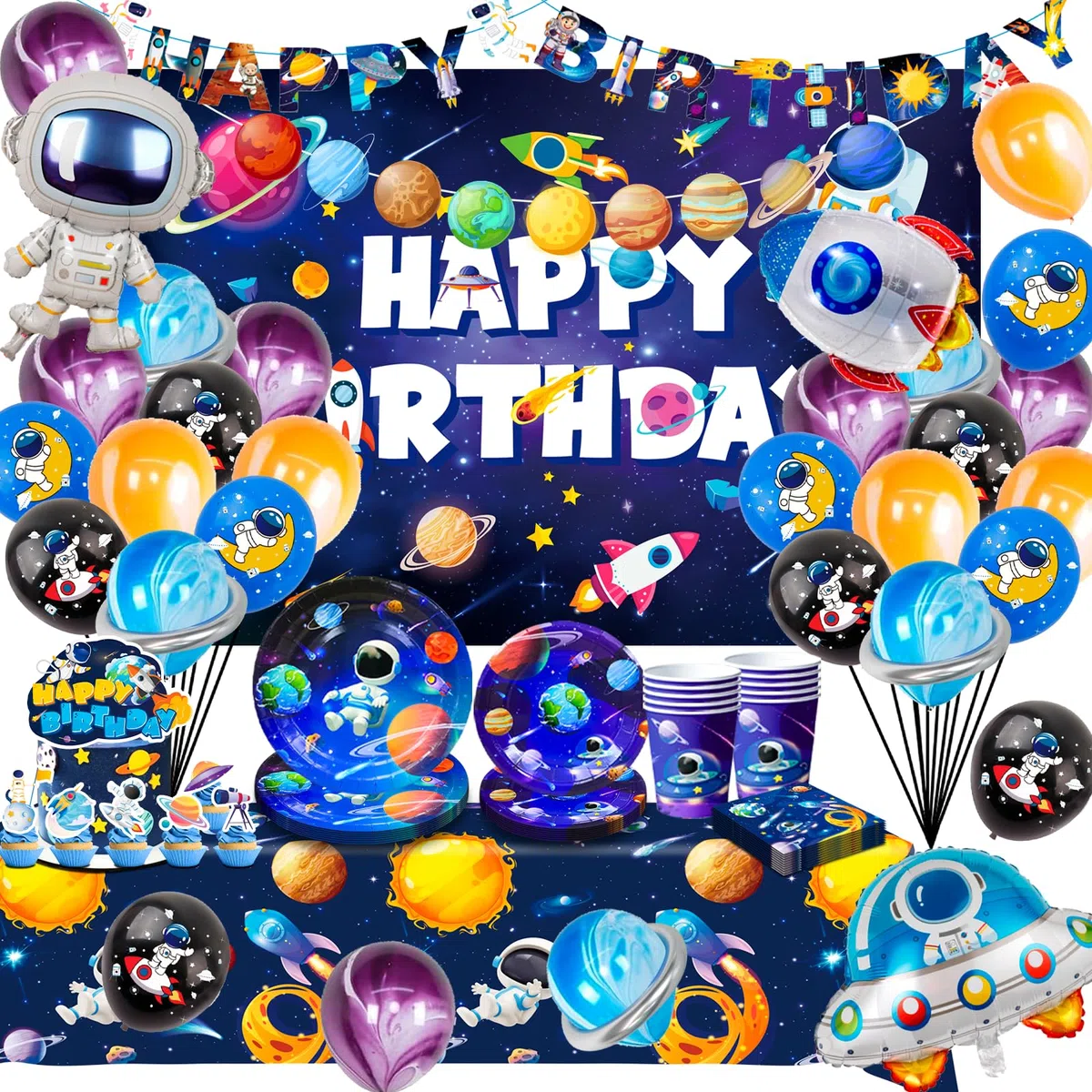 Decorazione Astronauta Festa 88 Pcs Stoviglie Compleanno - Palloncini Astronauta Spazio Compleanno Sfondo Piatti etc. Decorazioni per Feste a Tema Esterno