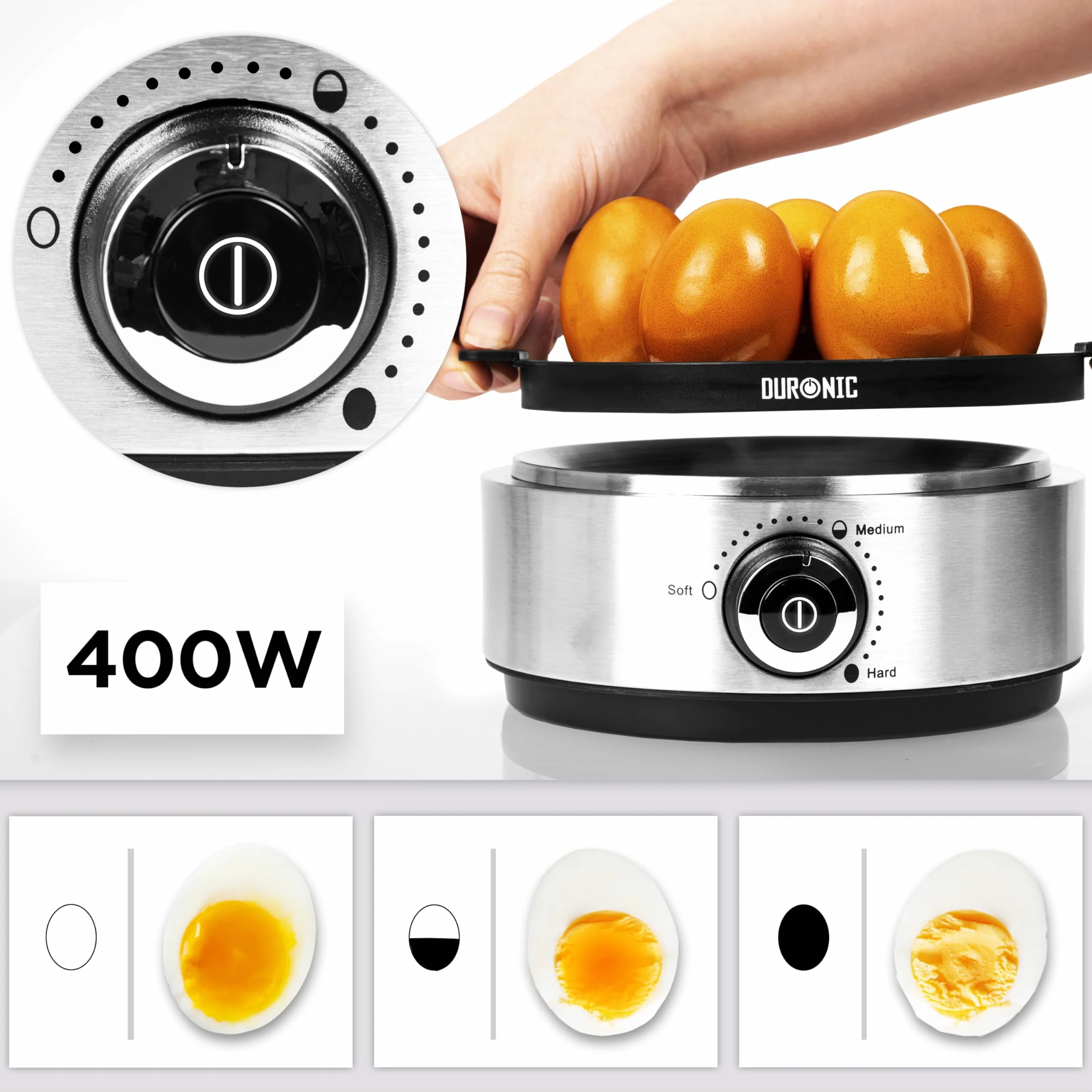 Duronic EB40 BK Cuociuova elettrico 400W Cuoci uova fino a 7 uova Bollitore uova per uova Sode Medie Alla coque Cuocitore di Uova con 2 vassoi per Frittata e uovo in camicia Omelet maker Egg cooker