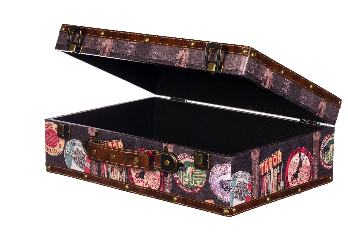 Valigia KD 1291 in legno rivestita in ecopelle con finitura in pelle, con inserti in metallo, in effetto anticato, di alta qualità, Bunt, Größe XL (36cm B x 25cm T x 12cm H )