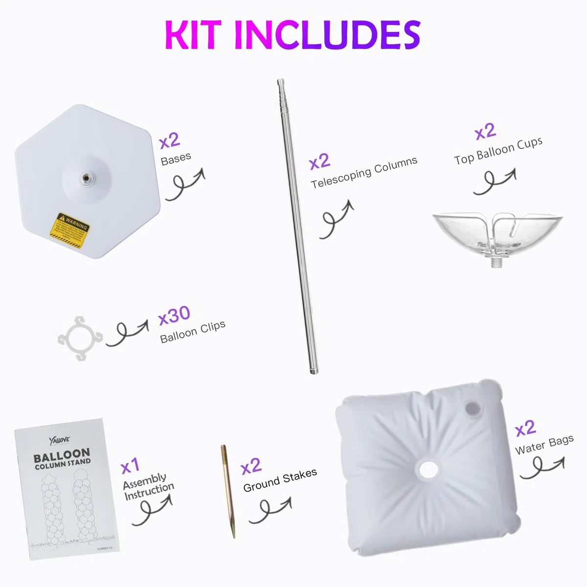 YALLOVE Kit Supporto Colonna Palloncino, Set di 2, Supporto Palloncini Altezza Regolabile 2m, Struttura Metallica Telescopica Riutilizzabile per Feste, Matrimoni, Compleanni (Palloncini Non Inclusi)