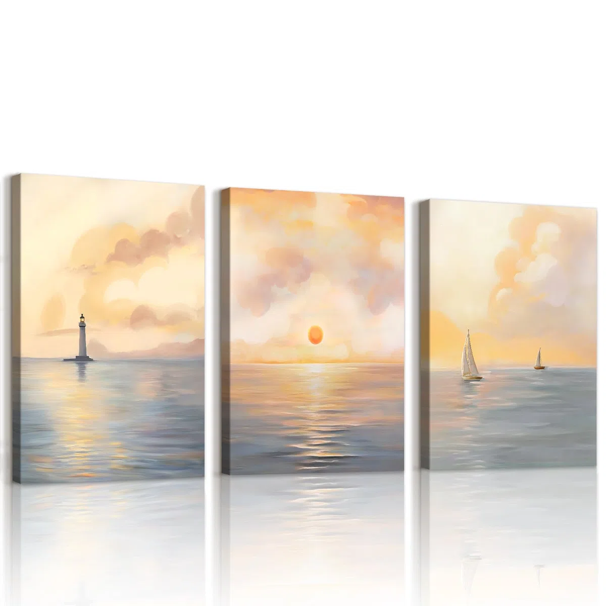 WENGTIAO 3 Pezzi Stampa su Tela Oceano Alba Incorniciato, Quadro su Tela Faro Barca a Vela in Mare Paesaggi Murali Pittura per Quadri Moderni Soggiorno Camera da Letto Decorazioni Parete 30x40cmx3