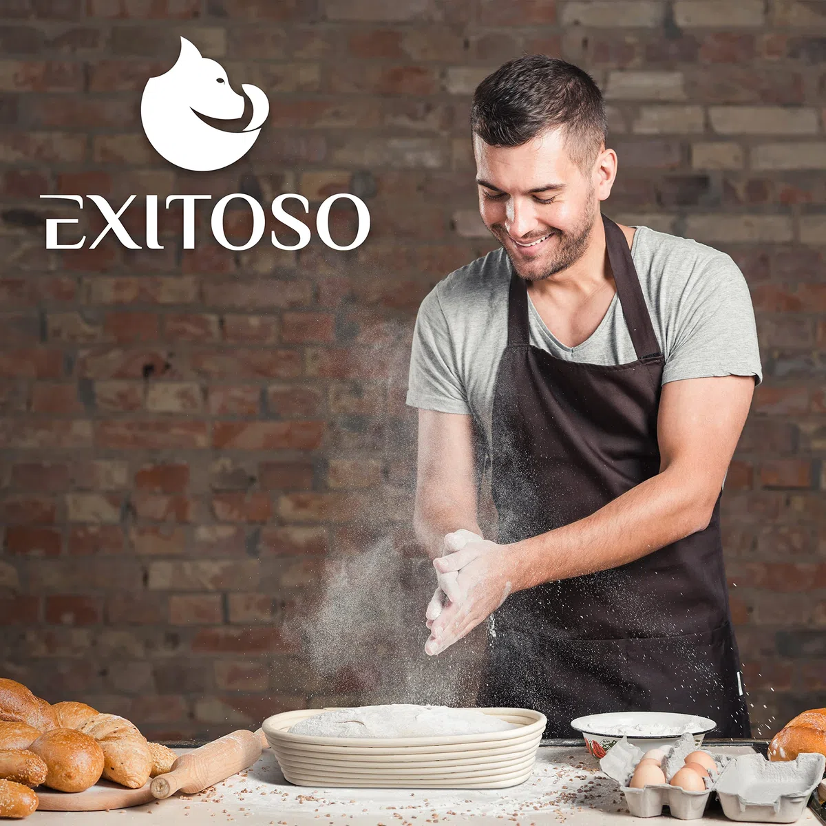 EXITOSO Cestino Lievitazione Rotondo in Rattan 25cm - Panificazione di 1kg di Pane - Grande Cesto Ciotola per Impastare