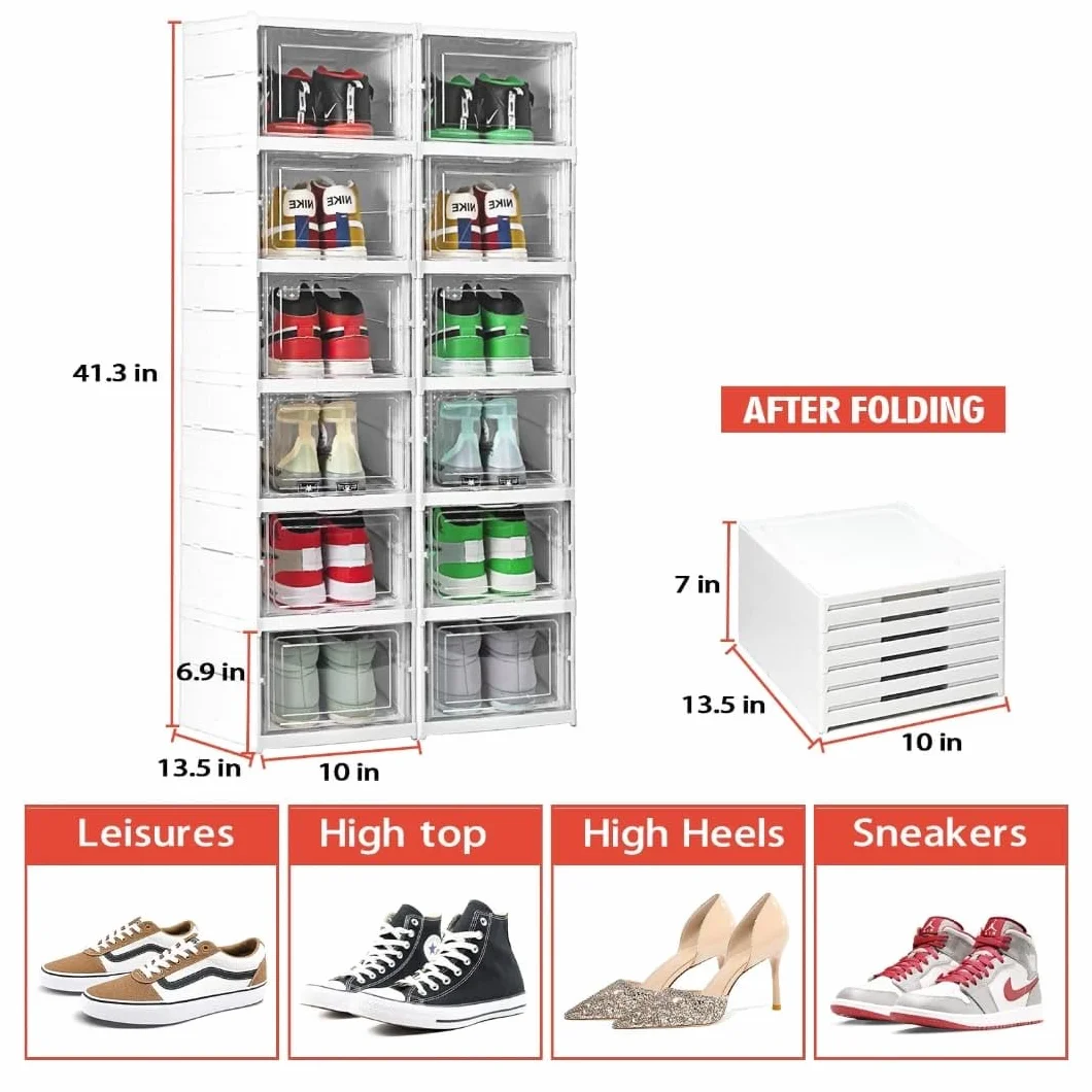 BDIT ACCESORI Scatole per scarpe - Organizer per scarpe in plastica, 6 scatole portaoggetti in plastica rigida trasparente, scarpiera impilabile con porta magnetica, organizer per scarpe armadio.