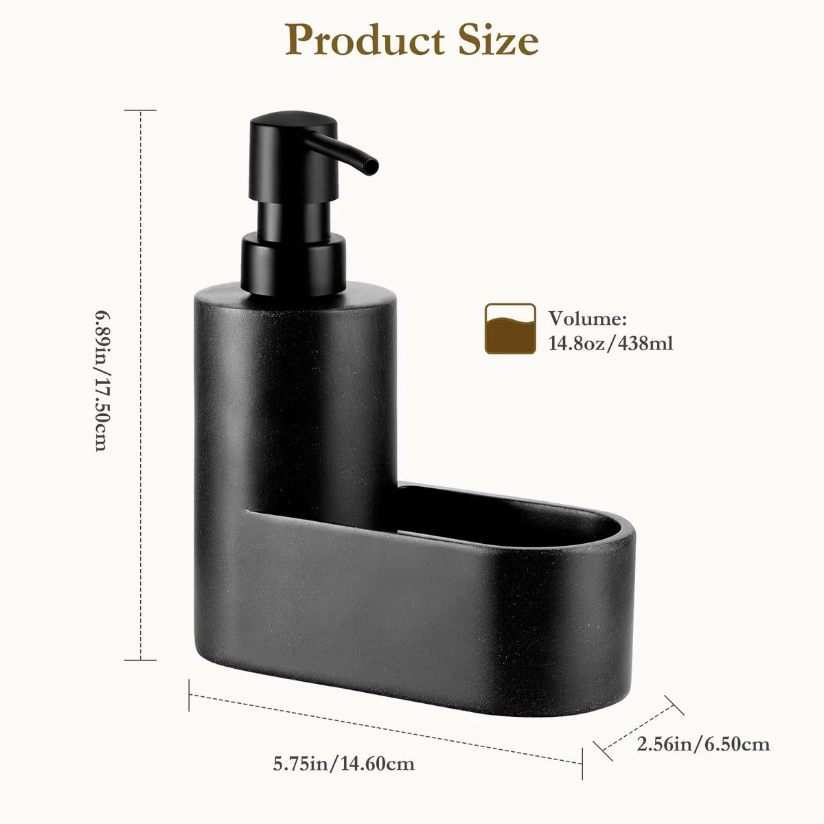 Shinowa Dispenser di Sapone per Piatti con Supporto per Spugna, Riempibile Distributore di Sapone da Cucina, Erogatore di Sapone da Banco 2 in 1 per Lavello di Cucina e Bagno, Nero Ghiaia
