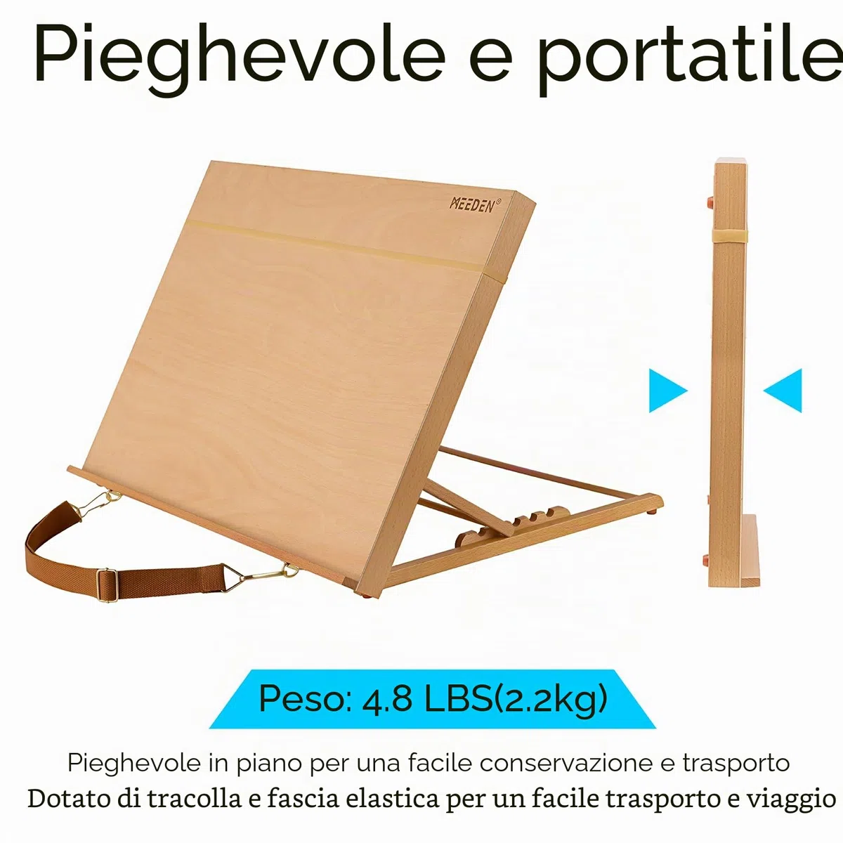 MEEDEN Cavalletto da scrivania regolabile Art Stand: cavalletto da disegno A2 a 5 posizioni, cavalletto da tavolo portatile con cintura per il trasporto, robusto cavalletto da tavolo in legno di