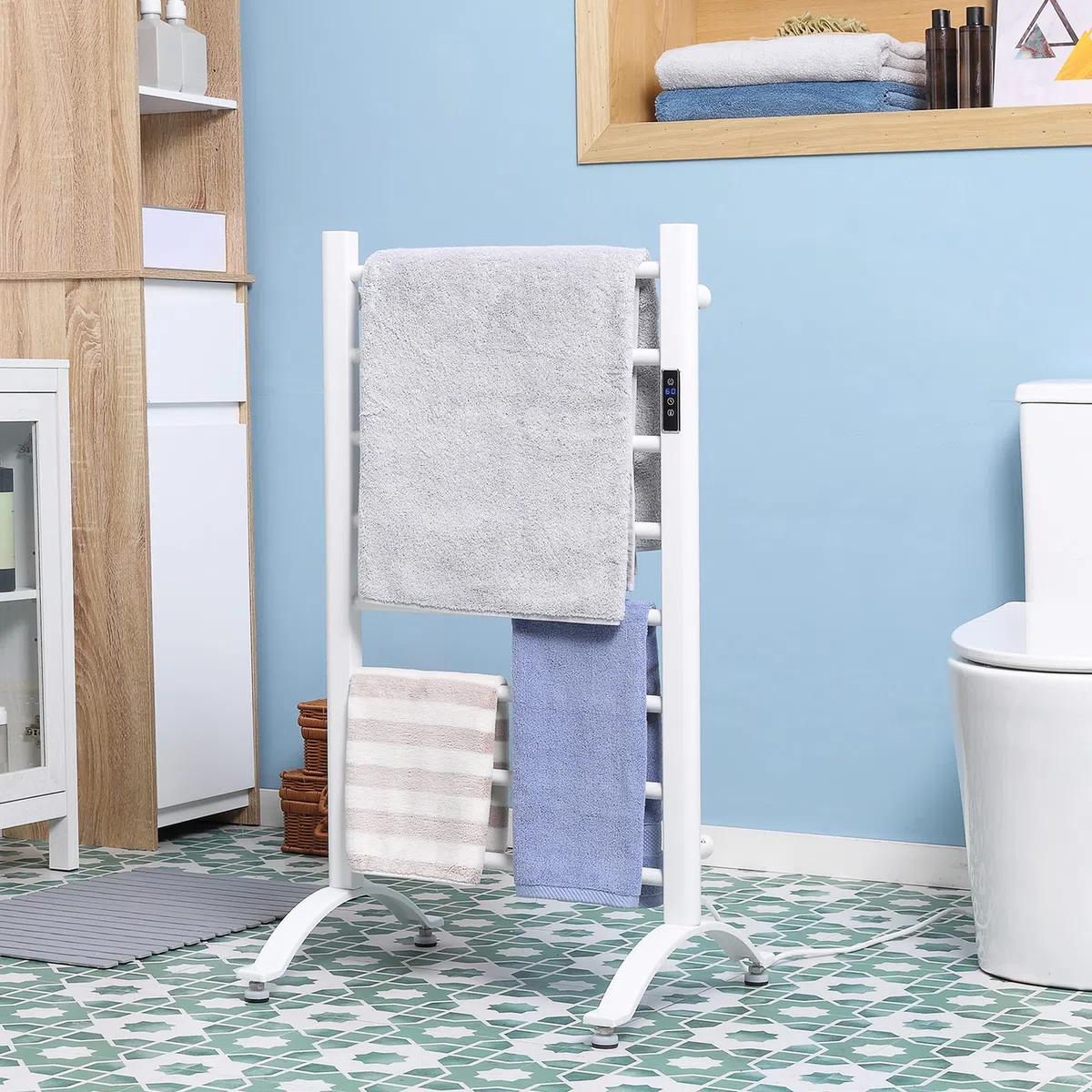 HOMCOM Scaldasalviette Elettrico a 8 Barre, Portasciugamani Riscaldato con Timer e Controllo Temperatura, in Acciaio al Carbonio, 50x45x90 cm, Bianco