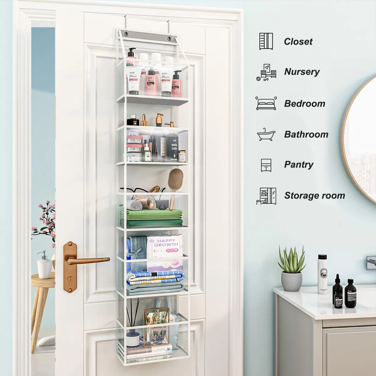 Fixwal Organizer da appendere alla porta con 5 ripiani, organizer per stanza con tasche in plastica trasparente, 11,3 kg, ultra robusto e di grande capacità, per armadio, camera da letto, asilo, bagno