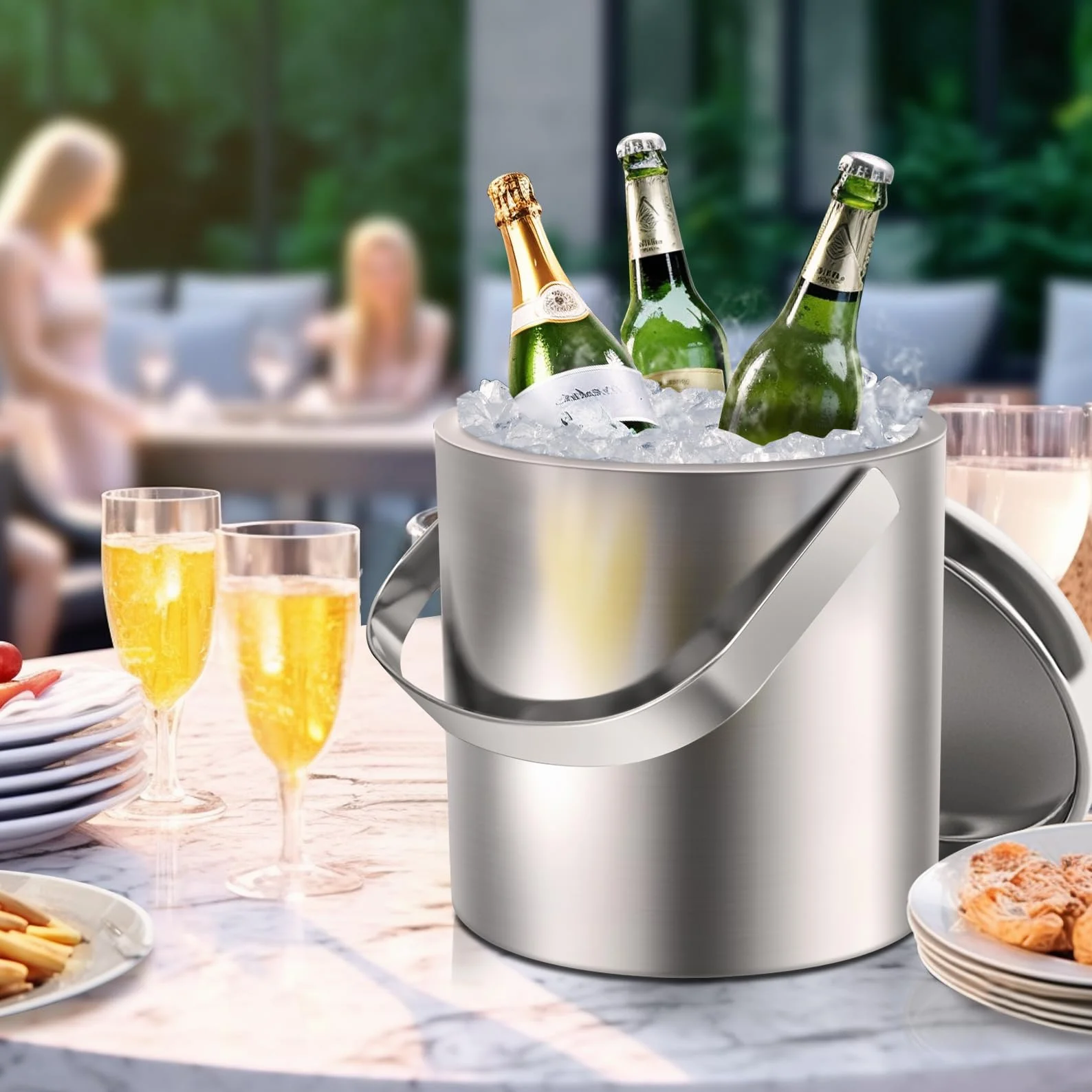 Sailnovo Secchiello per il Ghiaccio Isotermico Con Pinze Manico Coperchio 1,3L A Goppia Parete In Acciaio Inox, Portaghiaccio, Contenitore del Cubetto di Ghiaccio per Cocktail Bar, Feste